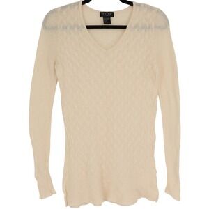 Forte Cashmere Women's Cream Cable Knit V-Neck Sweater Size S Ivory Lightweight